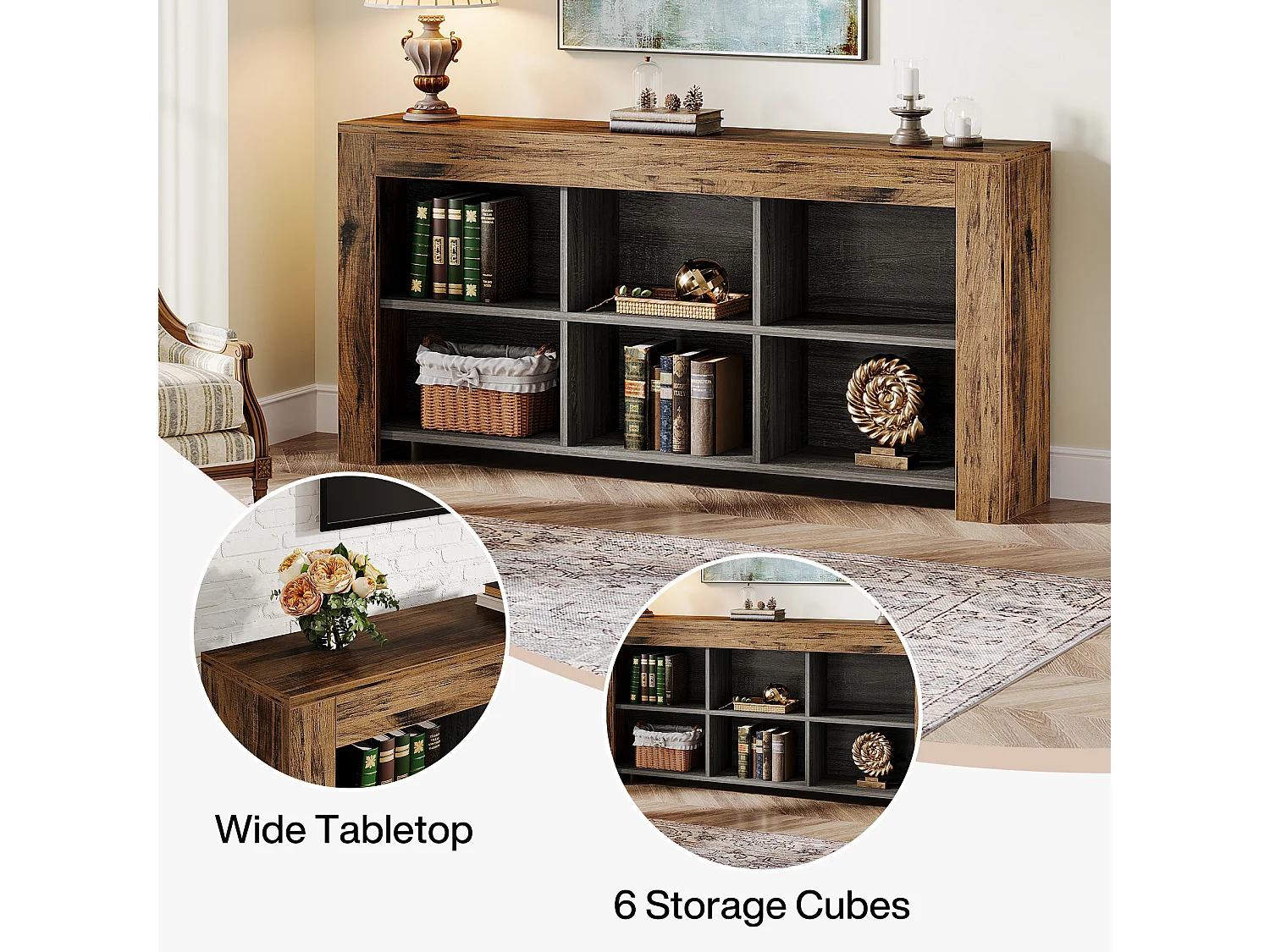 Table console de 160 cm de long, table d'entrée en bois rustique avec 6 cubes de rangement