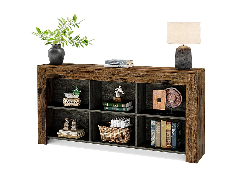 Consola de mesa de 160 cm de largo, mesa de entrada de madera rústica con 6 cubos de almacenamiento