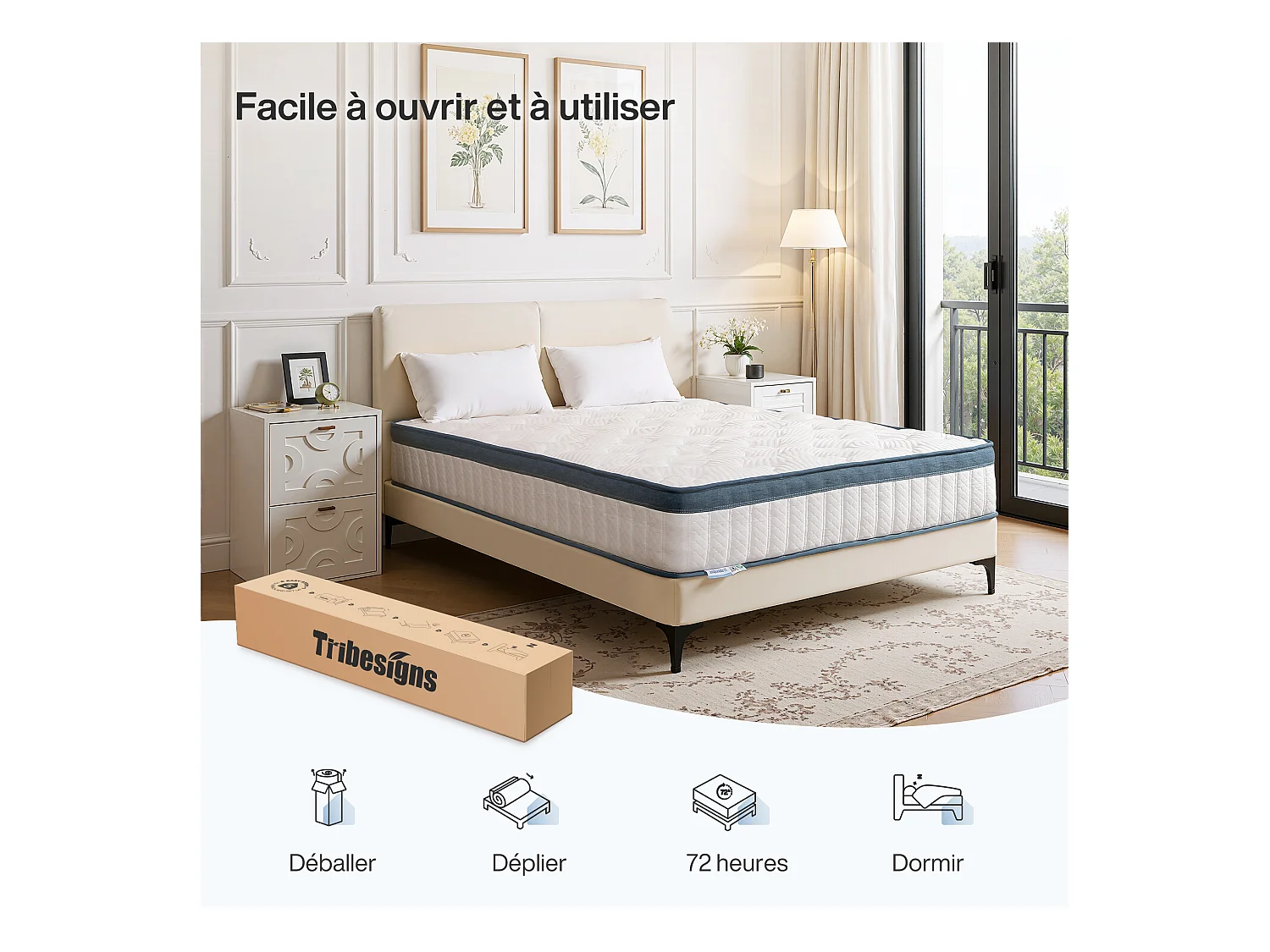 Matelas 160 x 200 cm, hauteur 25 cm, matelas à ressorts ensachés, dureté moyenne H3, matelas à ressorts avec mousse à mémoire de forme en gel