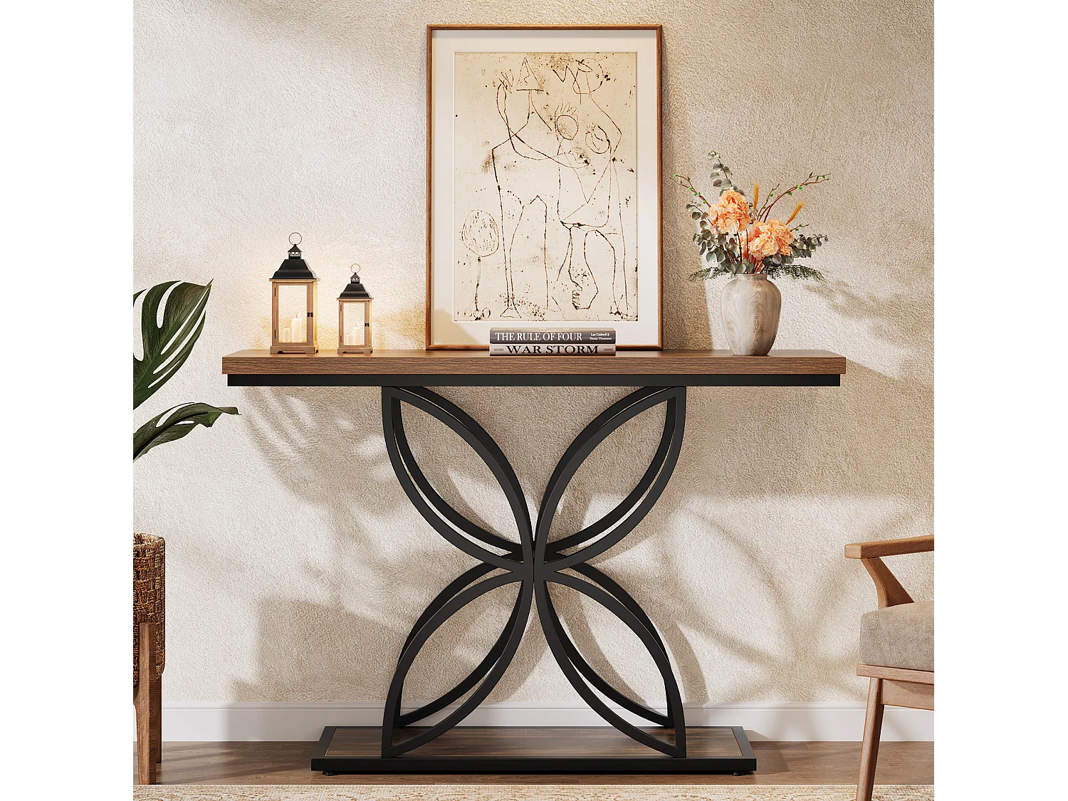 Table console industrielle pour entrée, table basse avec pied papillon en métal unique