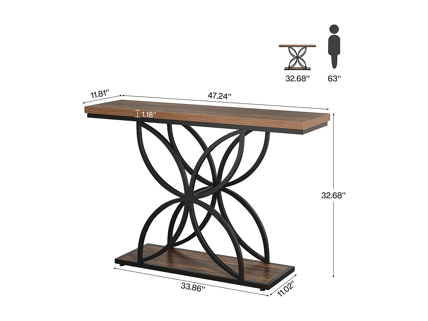 Table console industrielle pour entrée, table basse avec pied papillon en métal unique