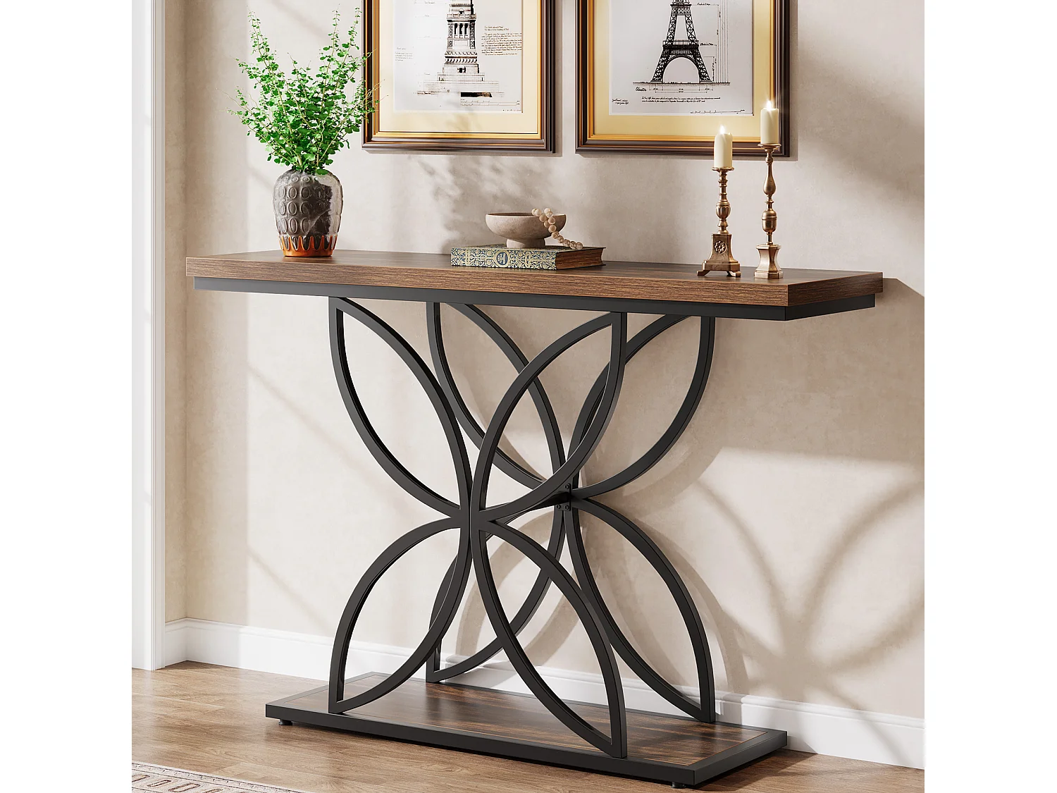 Table console industrielle pour entrée, table basse avec pied papillon en métal unique