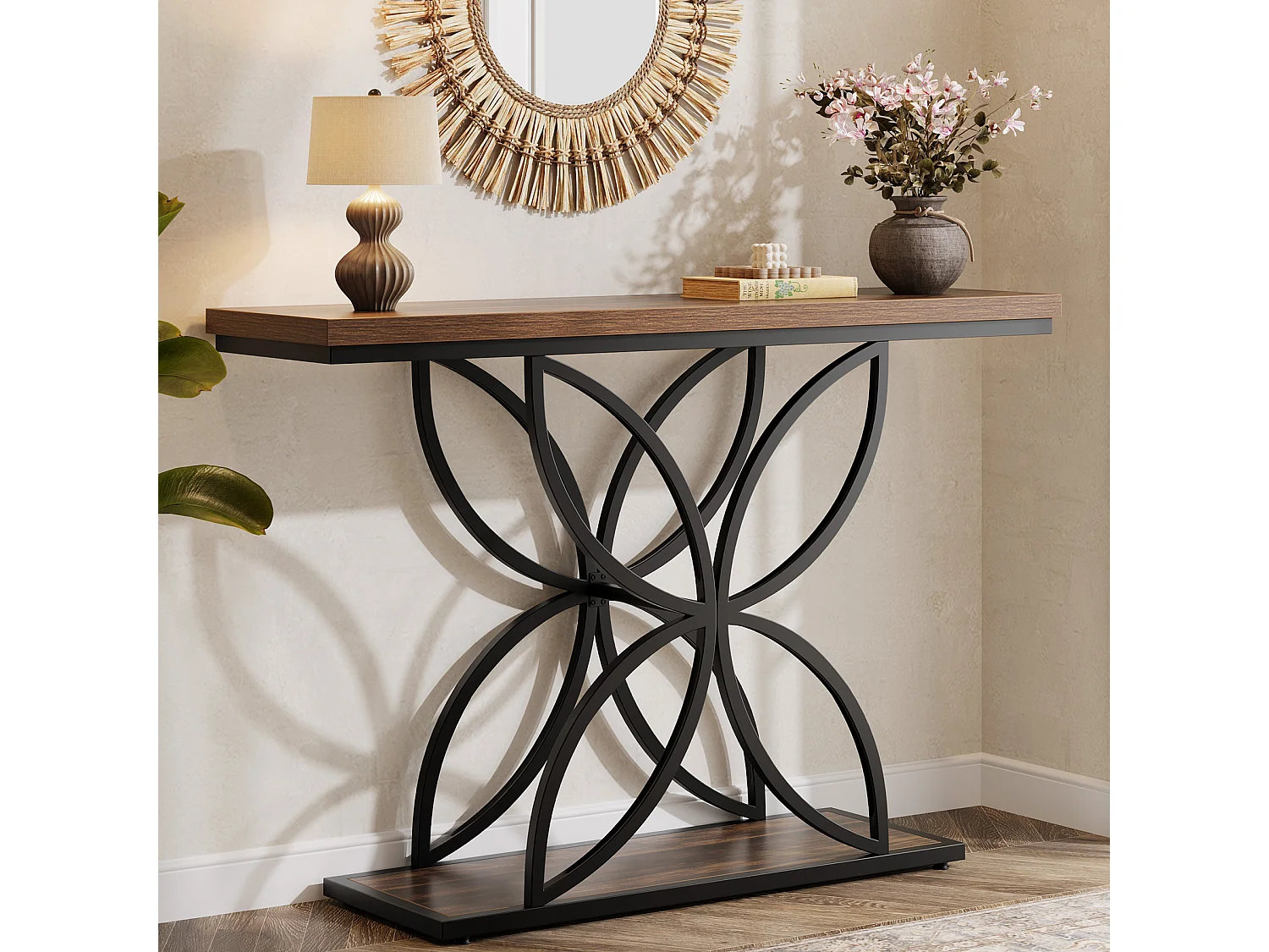 Table console industrielle pour entrée, table basse avec pied papillon en métal unique