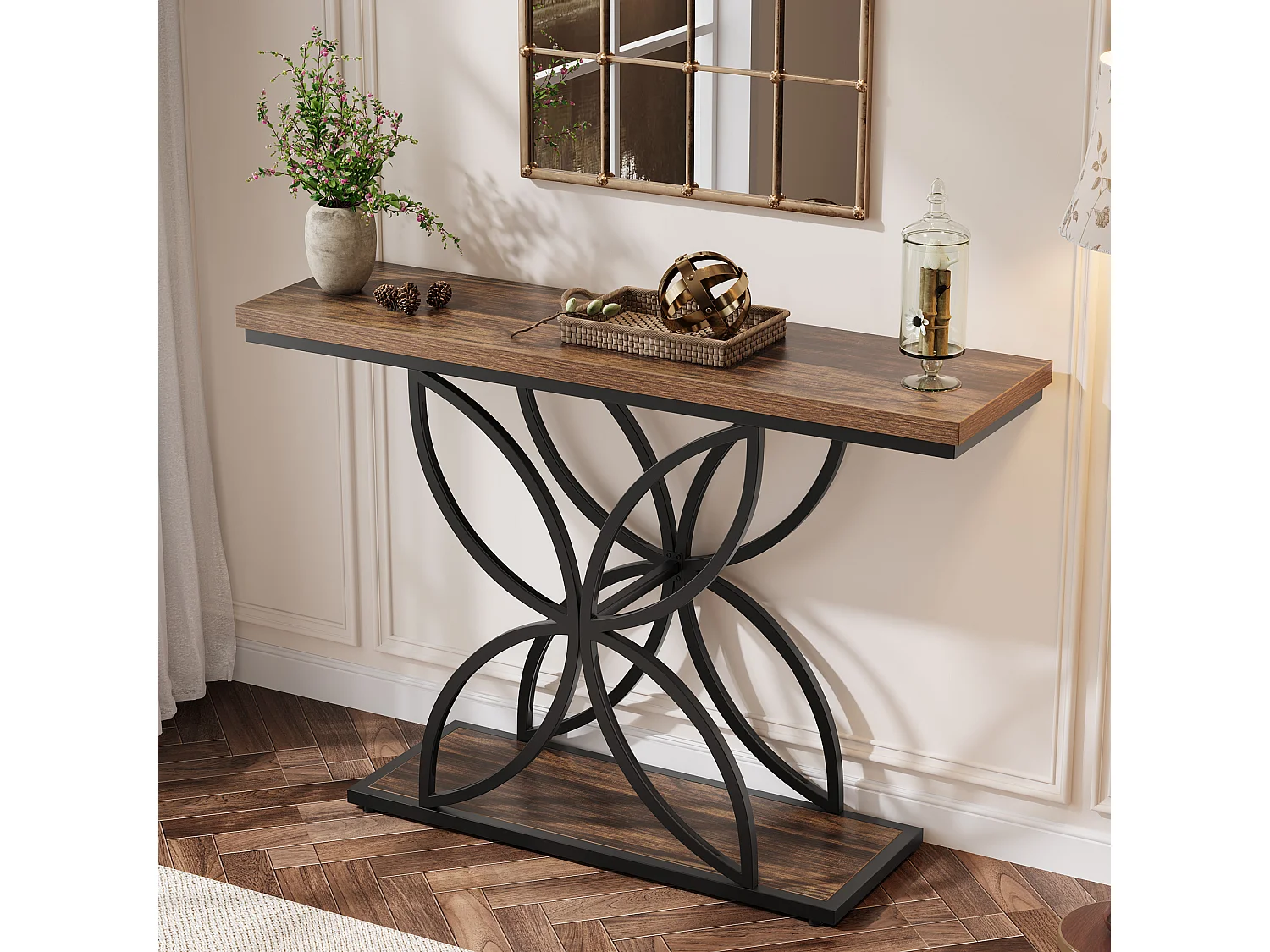 Table console industrielle pour entrée, table basse avec pied papillon en métal unique