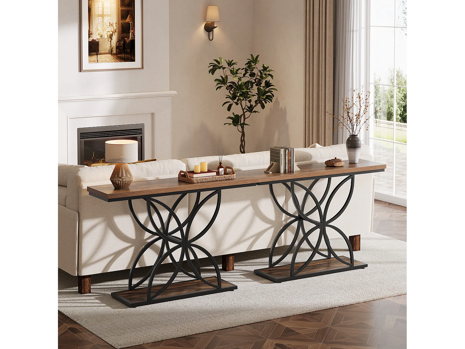 Table console industrielle pour entrée, table basse avec pied papillon en métal unique