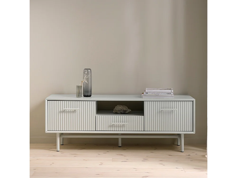 Meuble TV 2 portes 1 tiroir 1 niche 140 cm - Bois strié - MIRANO