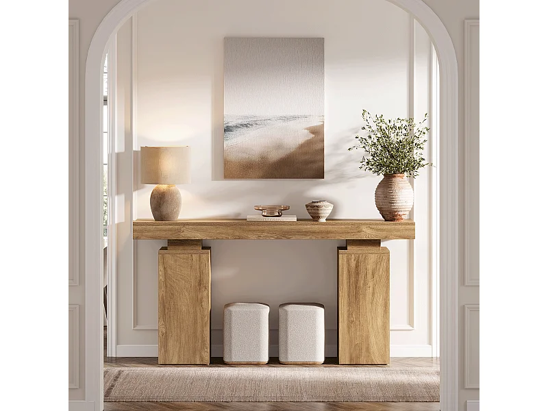 Konsola o długości 160 cm, stolik w stylu wiejskim, za sofą