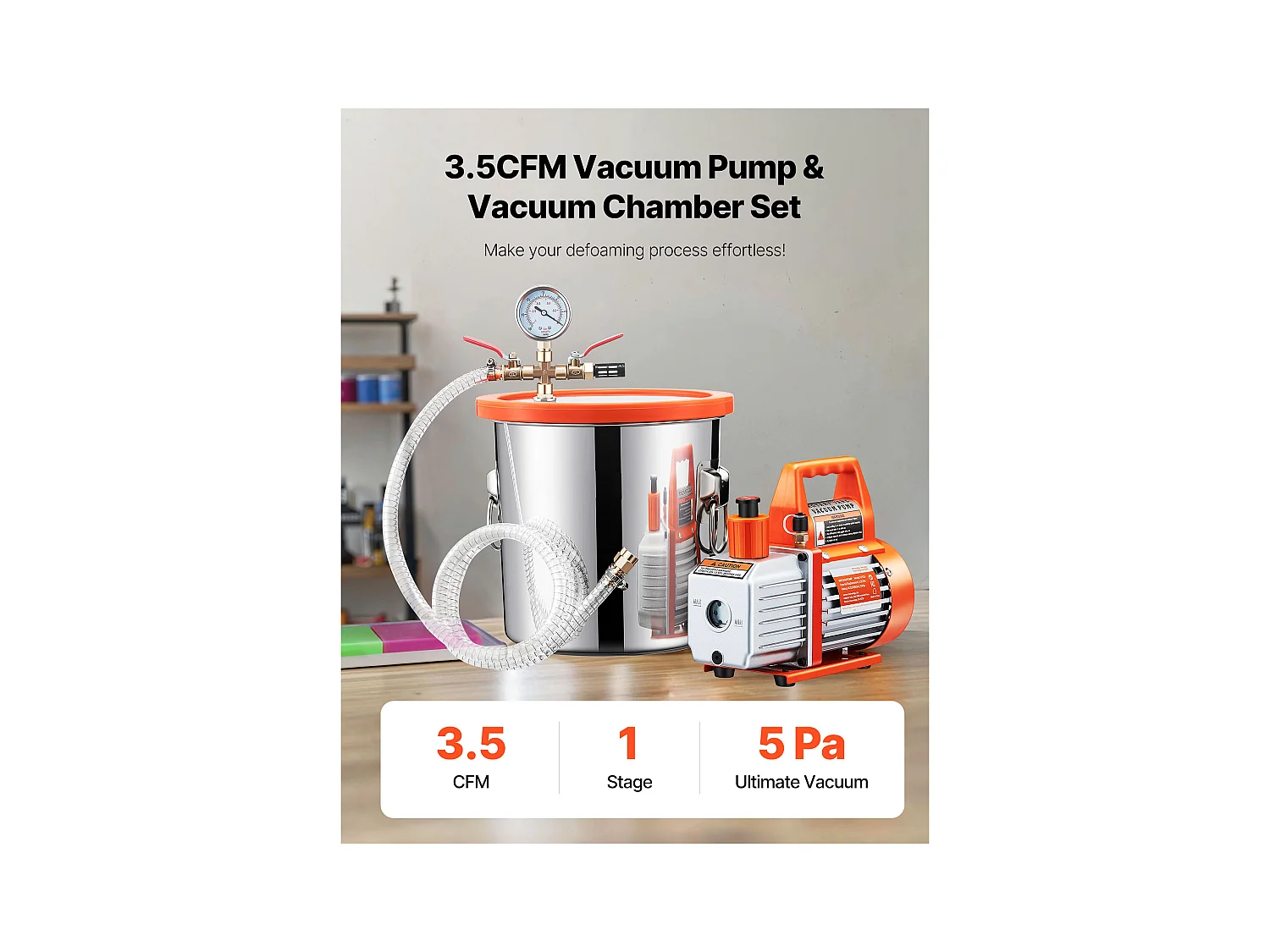 Pompe à Vide SucceBuy de 11,36 L avec Pompe, 99 L/min, en Acier Inoxydable, Kit de Chambre de Dégazage, Couvercle en Verre Trempé, Tuyau de 1,5 m