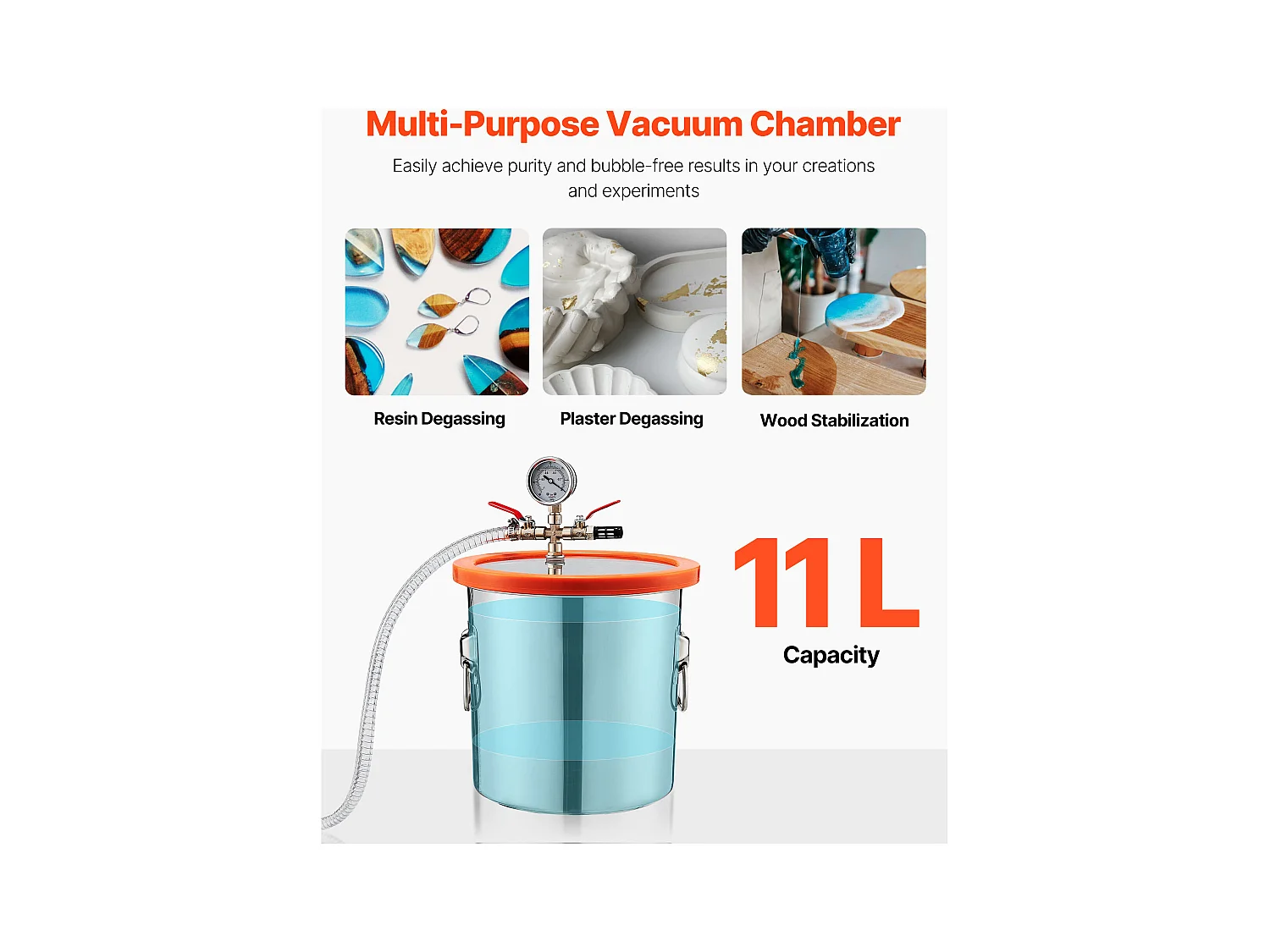 Pompe à Vide SucceBuy de 11,36 L avec Pompe, 99 L/min, en Acier Inoxydable, Kit de Chambre de Dégazage, Couvercle en Verre Trempé, Tuyau de 1,5 m