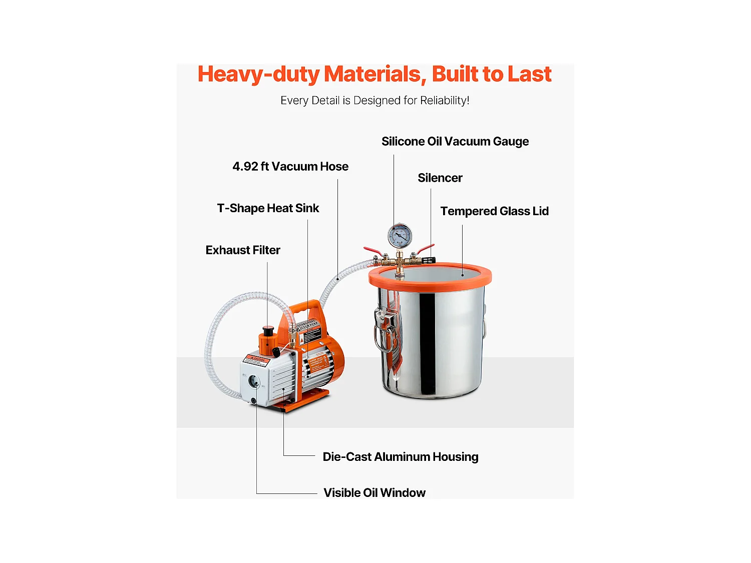 Pompe à Vide SucceBuy de 11,36 L avec Pompe, 99 L/min, en Acier Inoxydable, Kit de Chambre de Dégazage, Couvercle en Verre Trempé, Tuyau de 1,5 m
