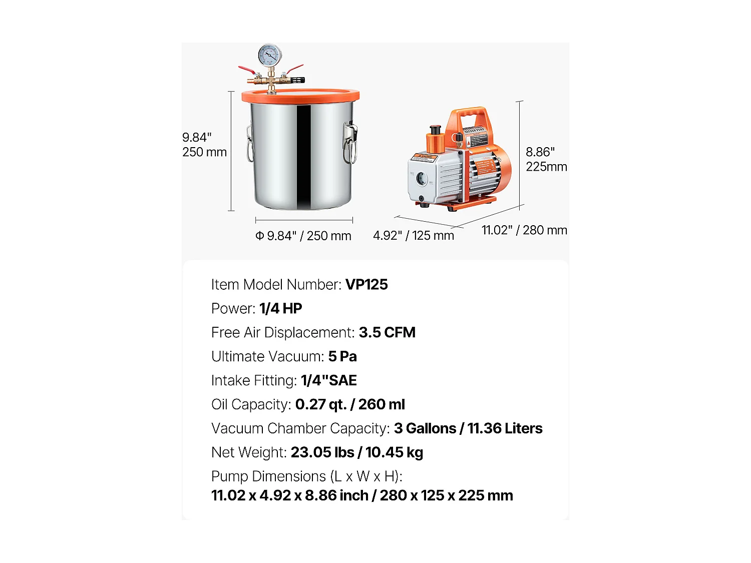 Pompe à Vide SucceBuy de 11,36 L avec Pompe, 99 L/min, en Acier Inoxydable, Kit de Chambre de Dégazage, Couvercle en Verre Trempé, Tuyau de 1,5 m