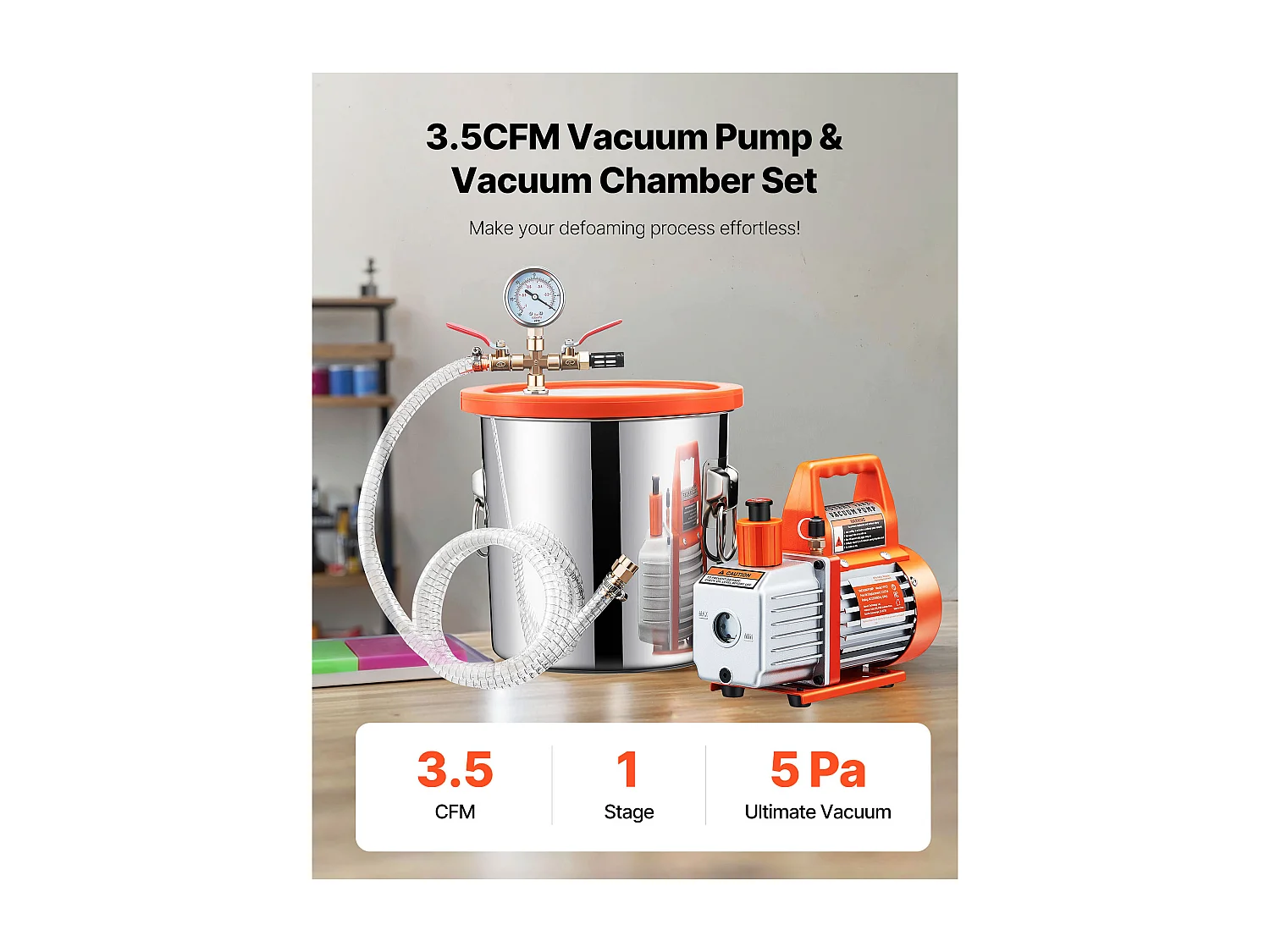 Pompe à Vide SucceBuy de 11,36 L avec Pompe, 99 L/min, en Acier Inoxydable, Kit de Chambre de Dégazage, Couvercle en Verre Trempé, Tuyau de 1,5 m