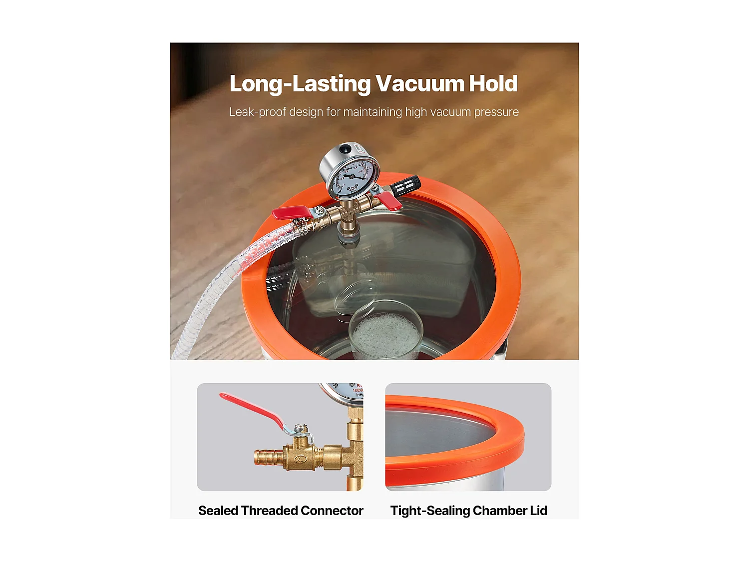 Pompe à Vide SucceBuy de 11,36 L avec Pompe, 99 L/min, en Acier Inoxydable, Kit de Chambre de Dégazage, Couvercle en Verre Trempé, Tuyau de 1,5 m