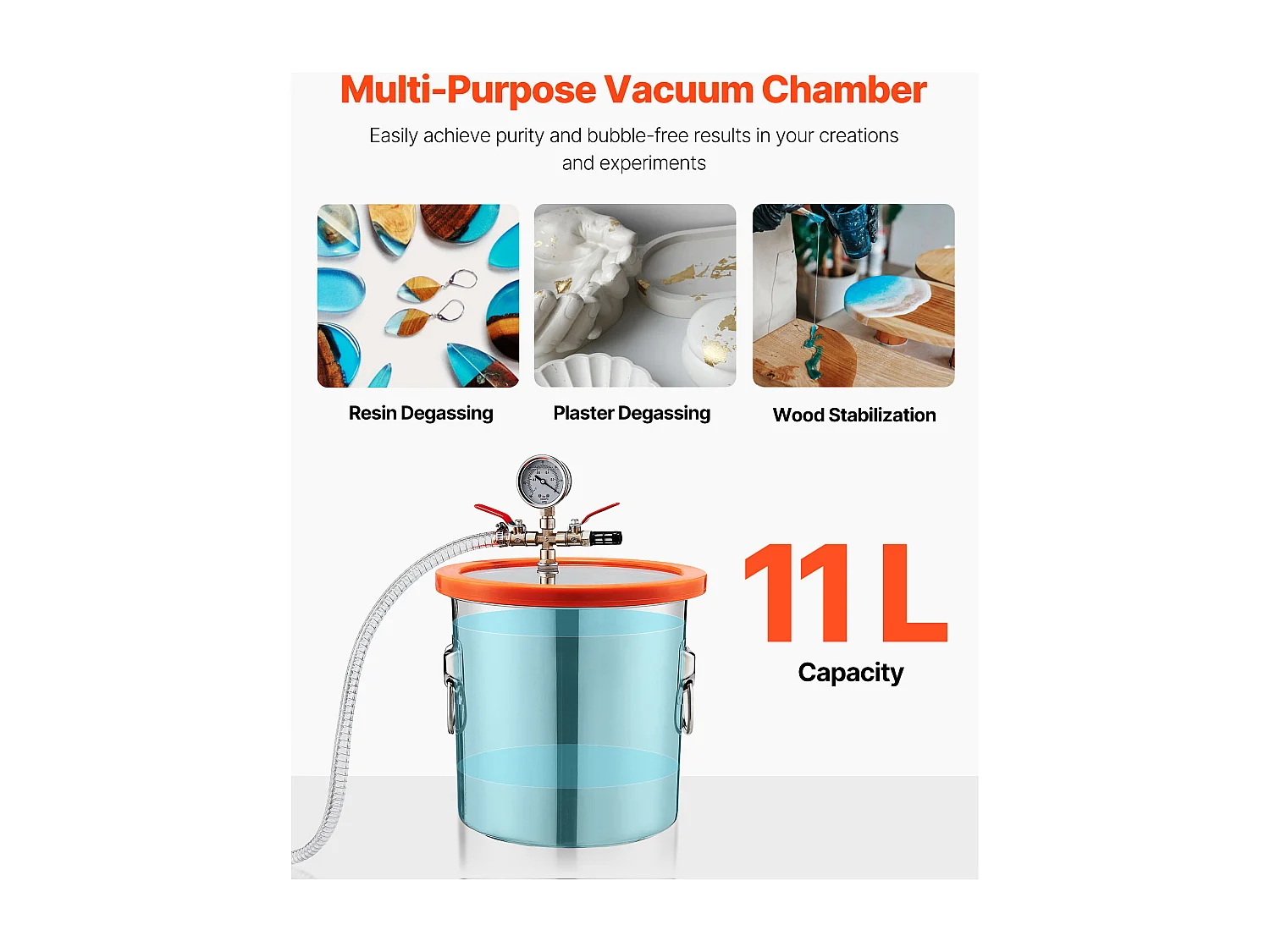 Pompe à Vide SucceBuy de 11,36 L avec Pompe, 99 L/min, en Acier Inoxydable, Kit de Chambre de Dégazage, Couvercle en Verre Trempé, Tuyau de 1,5 m