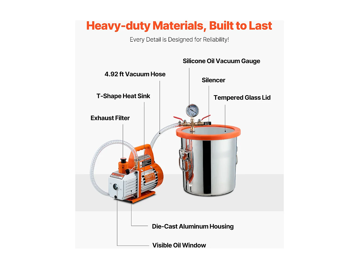Pompe à Vide SucceBuy de 11,36 L avec Pompe, 99 L/min, en Acier Inoxydable, Kit de Chambre de Dégazage, Couvercle en Verre Trempé, Tuyau de 1,5 m