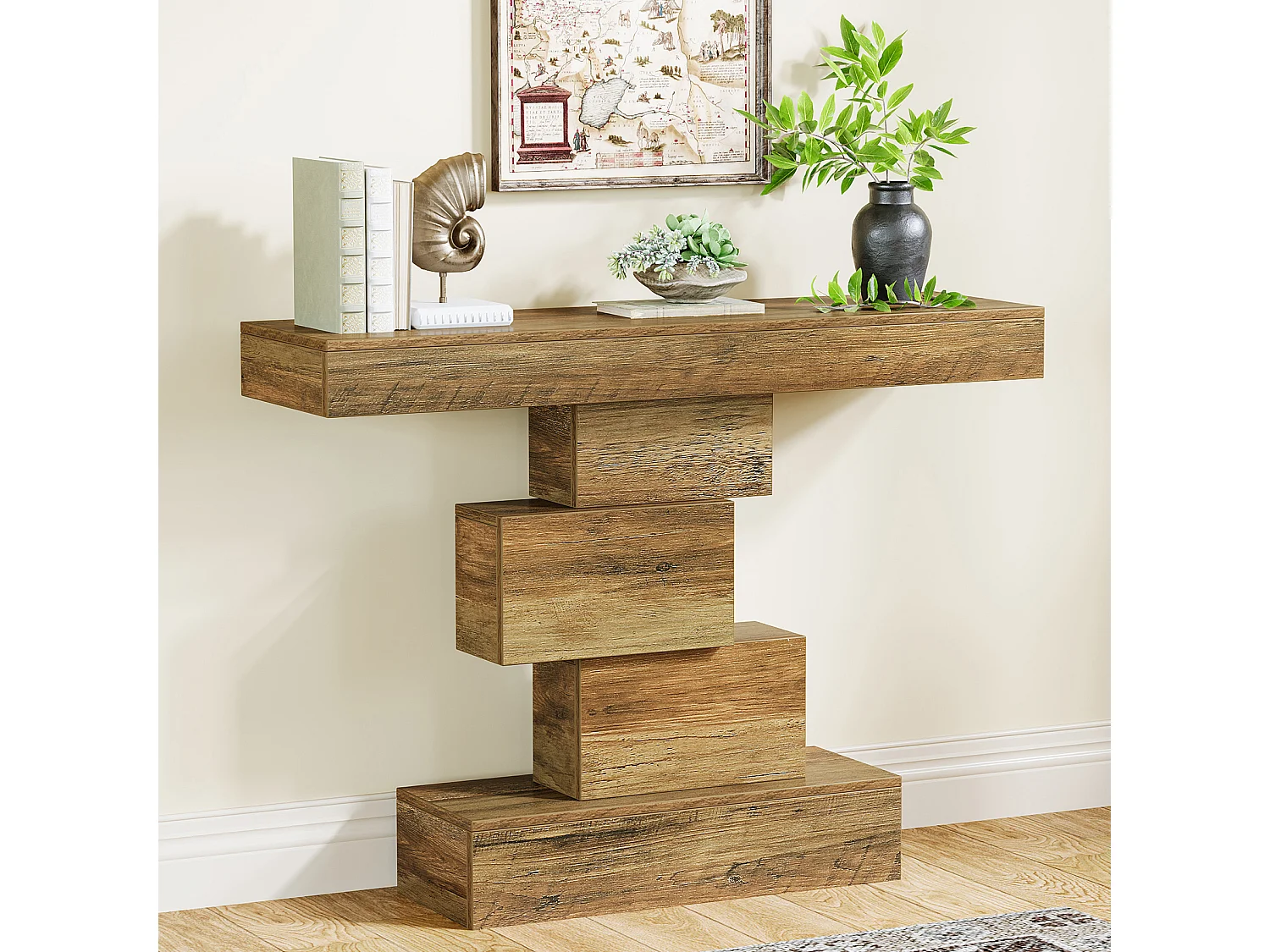 Tavolo consolle da fattoria da 108 cm, tavolo stretto in legno dietro il divano con base geometrica