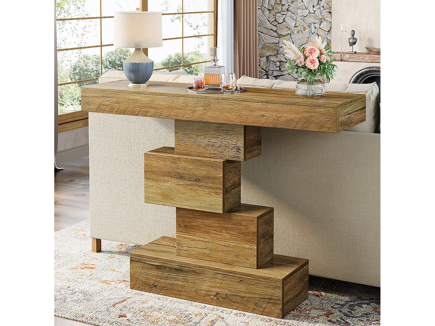 Tavolo consolle da fattoria da 108 cm, tavolo stretto in legno dietro il divano con base geometrica