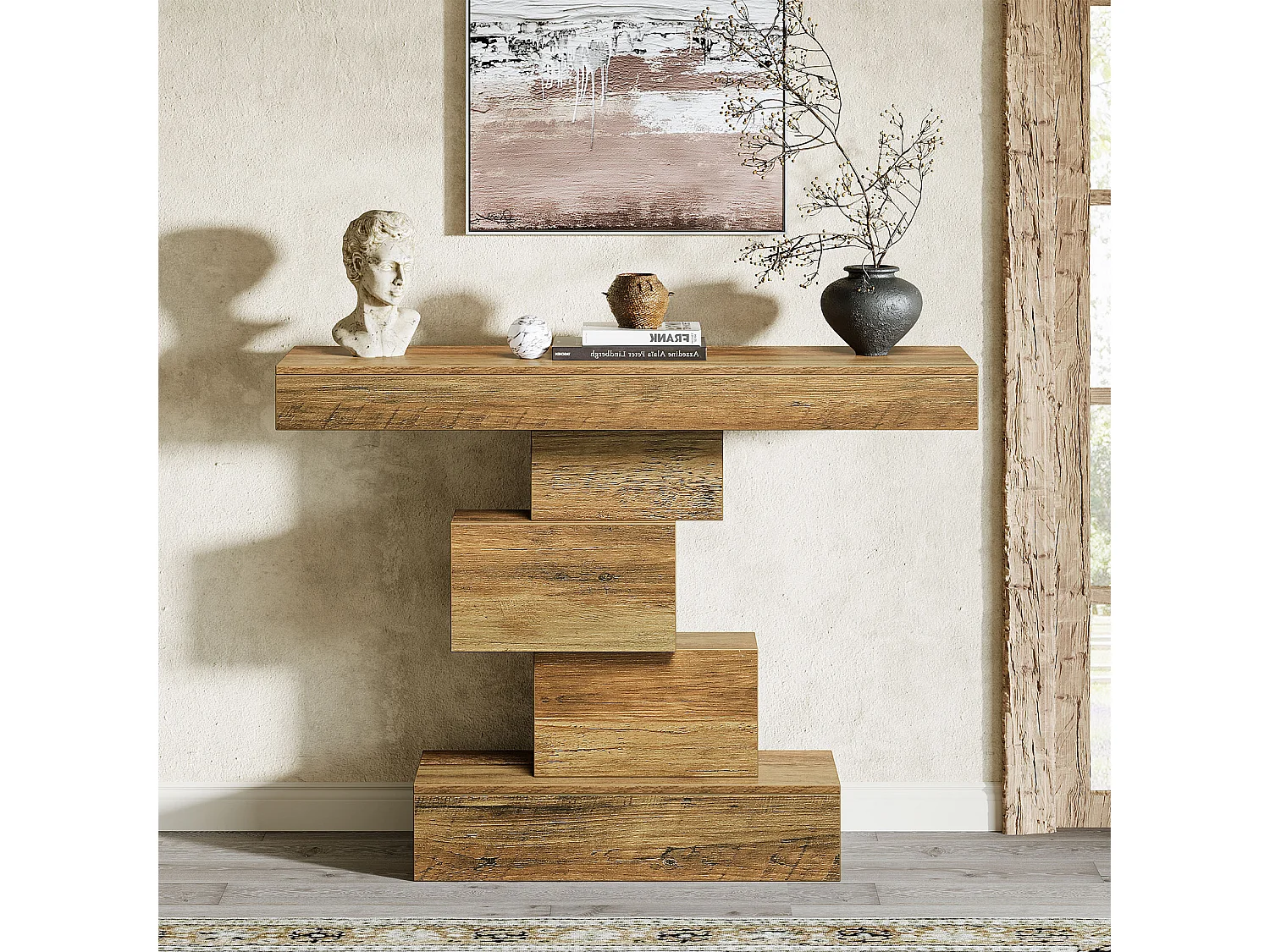 Tavolo consolle da fattoria da 108 cm, tavolo stretto in legno dietro il divano con base geometrica