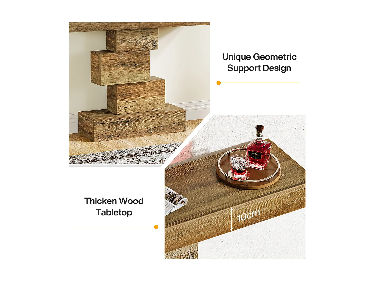 Tavolo consolle da fattoria da 108 cm, tavolo stretto in legno dietro il divano con base geometrica