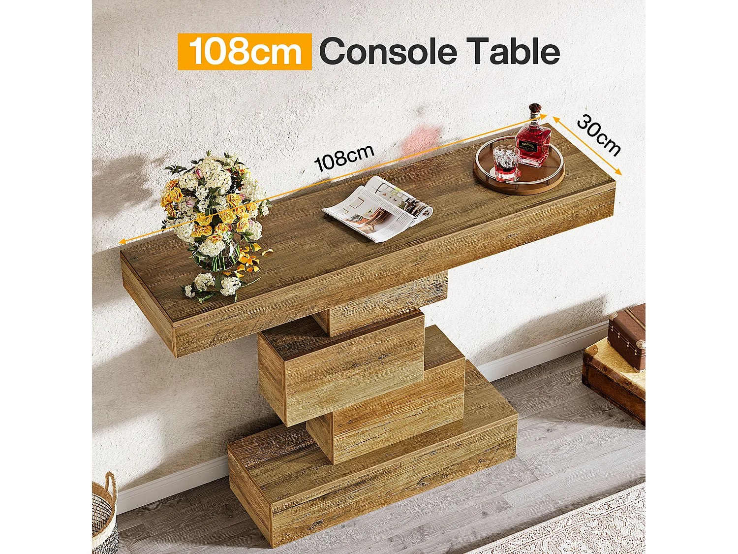 Tavolo consolle da fattoria da 108 cm, tavolo stretto in legno dietro il divano con base geometrica