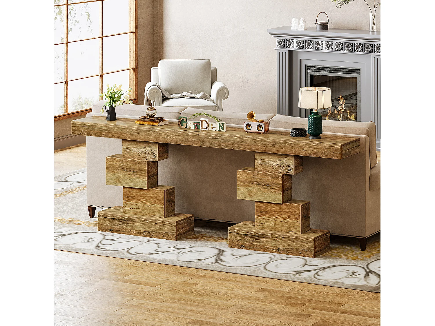 Tavolo consolle da fattoria da 108 cm, tavolo stretto in legno dietro il divano con base geometrica