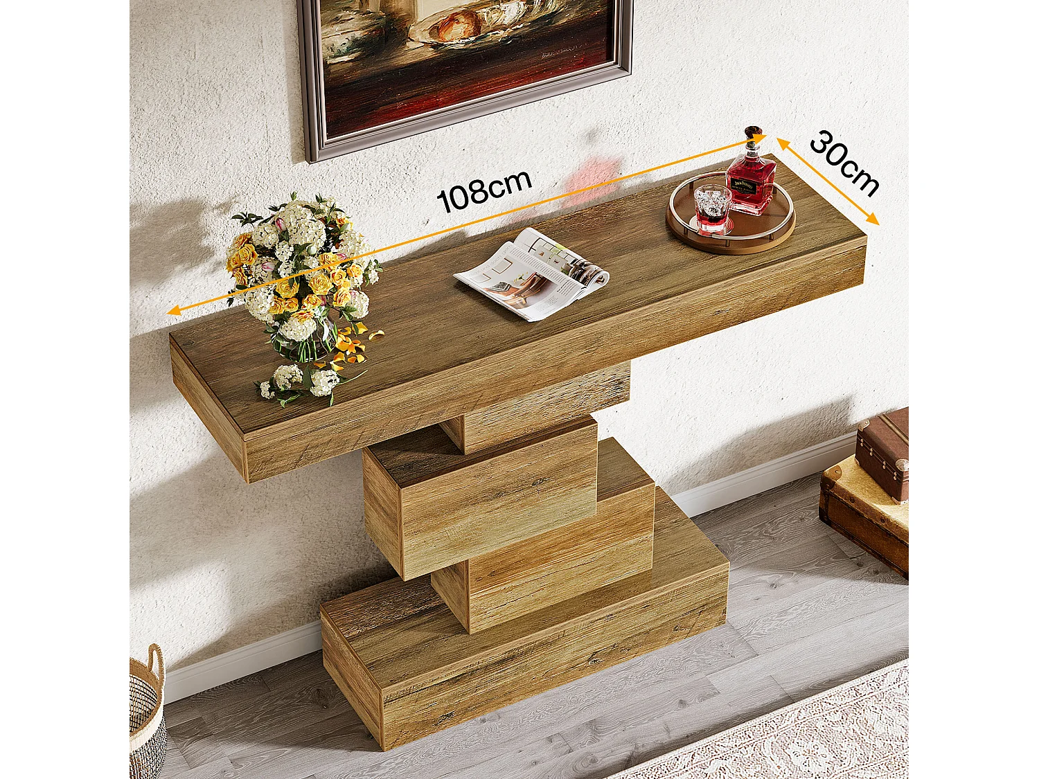 Tavolo consolle da fattoria da 108 cm, tavolo stretto in legno dietro il divano con base geometrica