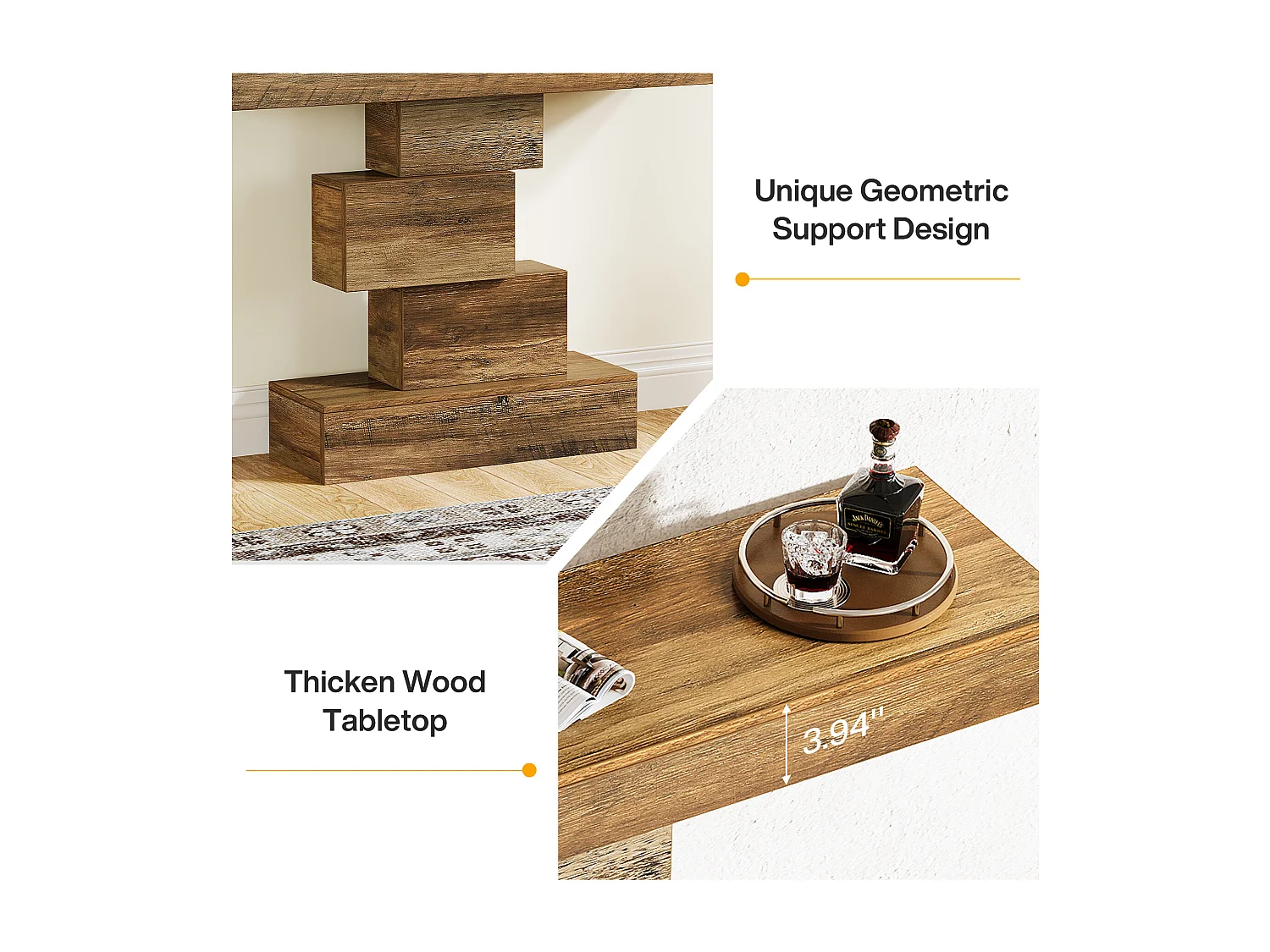 Table console de ferme de 108 cm, table de canapé étroite en bois derrière le canapé avec base géométrique