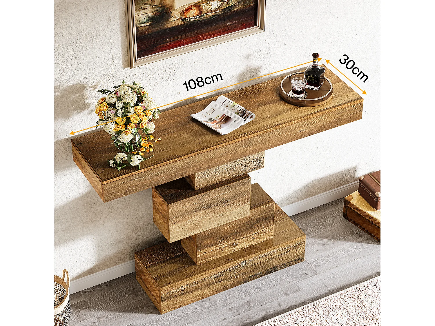 Table console de ferme de 108 cm, table de canapé étroite en bois derrière le canapé avec base géométrique