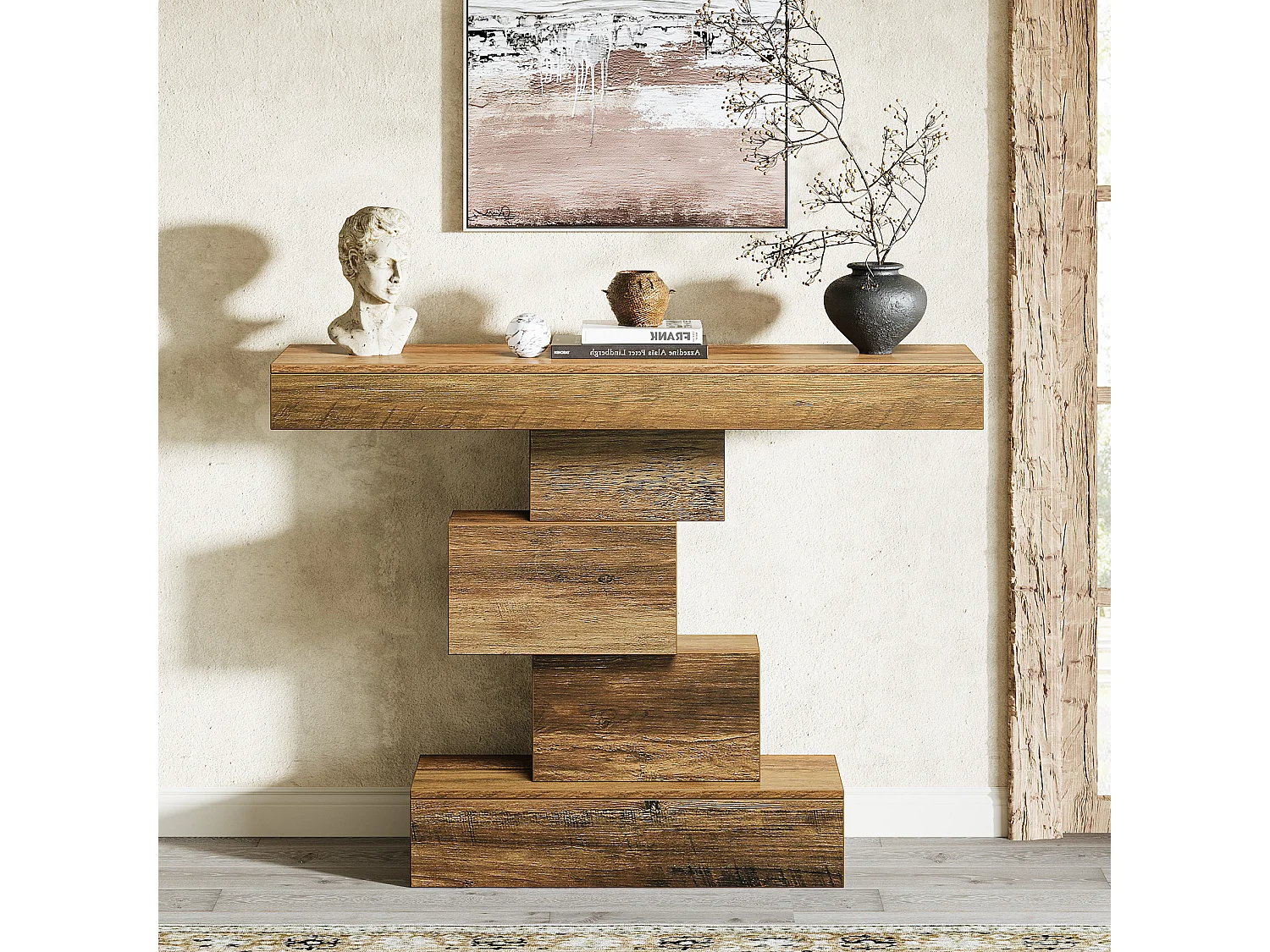 Table console de ferme de 108 cm, table de canapé étroite en bois derrière le canapé avec base géométrique