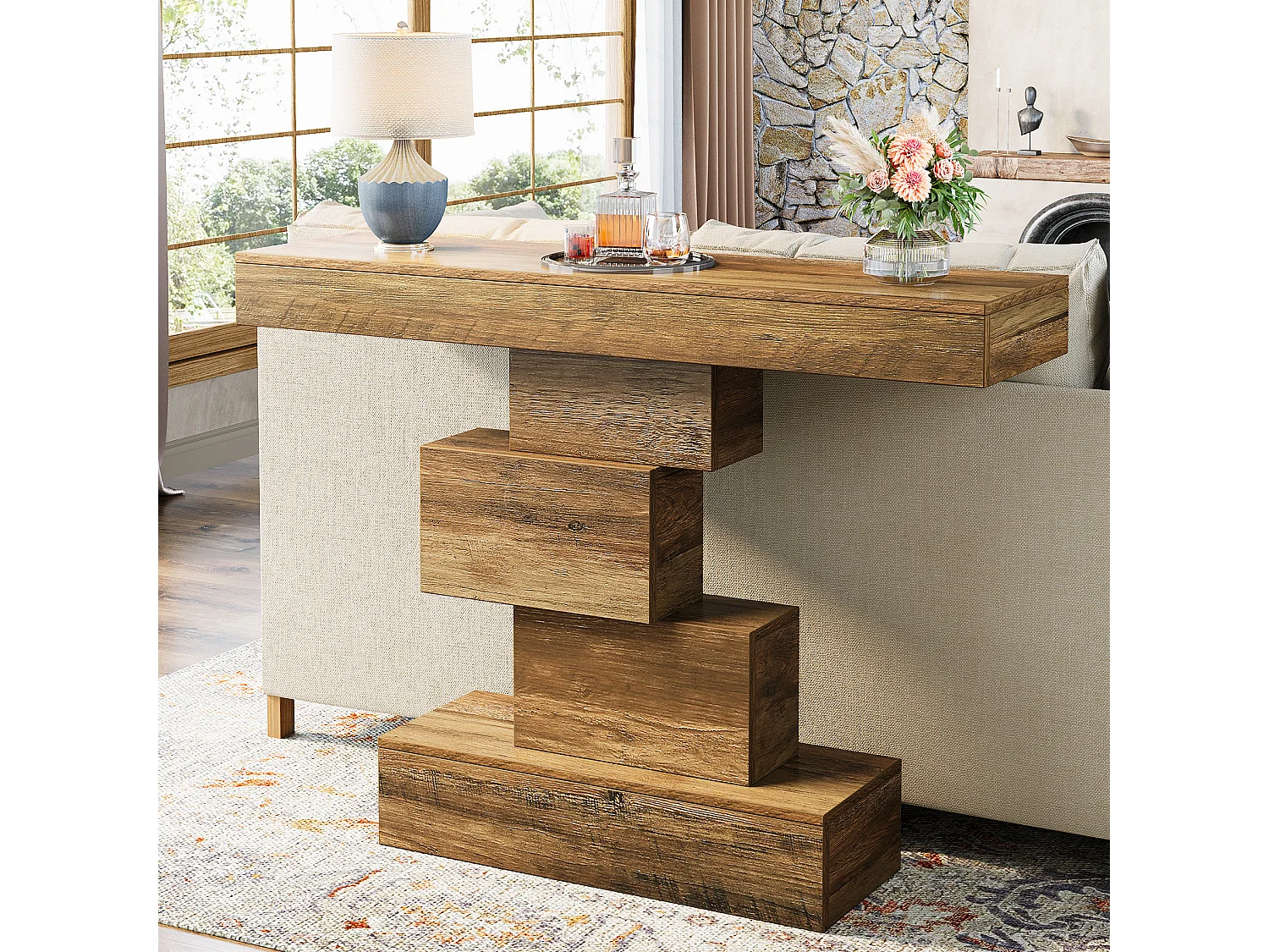 Table console de ferme de 108 cm, table de canapé étroite en bois derrière le canapé avec base géométrique