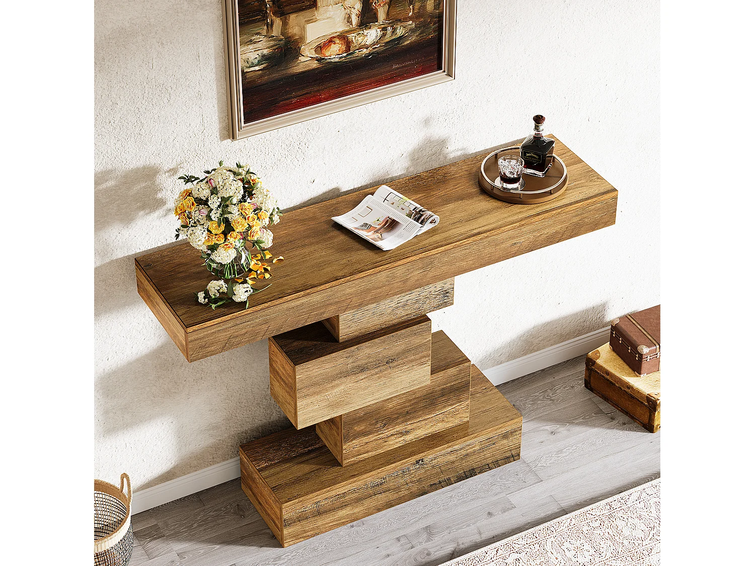 Table console de ferme de 108 cm, table de canapé étroite en bois derrière le canapé avec base géométrique