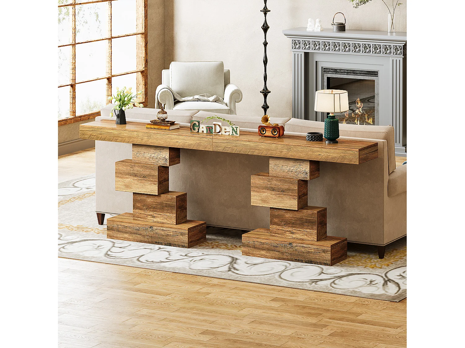 Table console de ferme de 108 cm, table de canapé étroite en bois derrière le canapé avec base géométrique