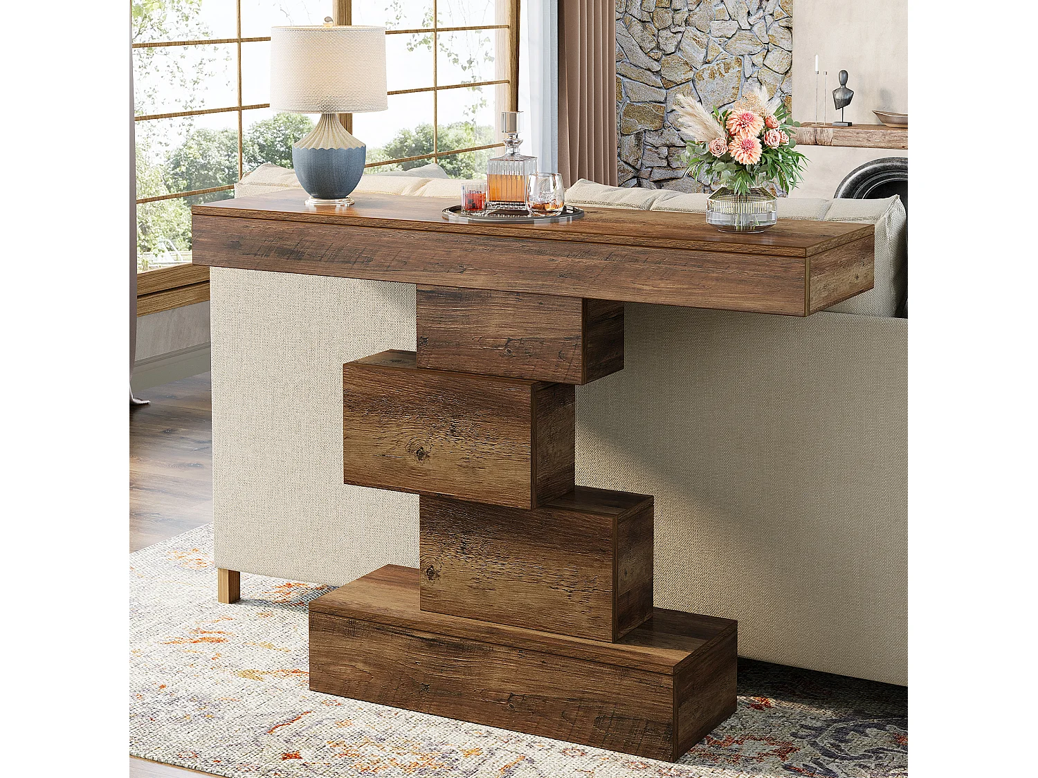 Table console de ferme de 108 cm, table de canapé étroite en bois derrière le canapé avec base géométrique