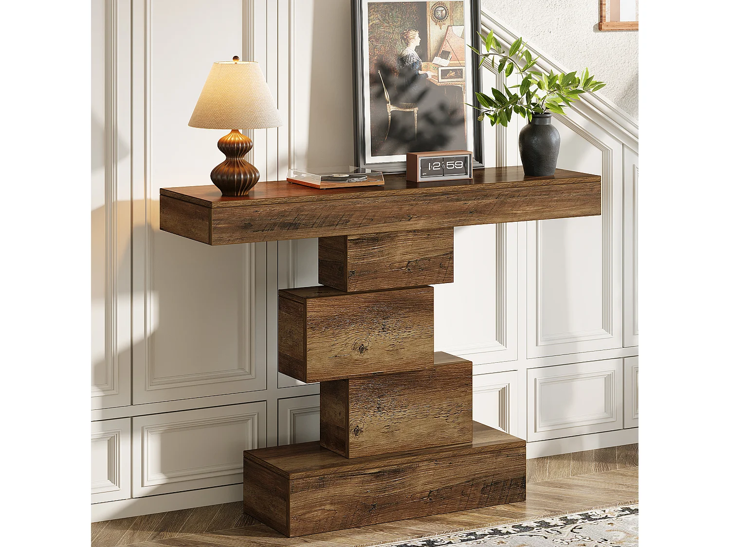 Table console de ferme de 108 cm, table de canapé étroite en bois derrière le canapé avec base géométrique
