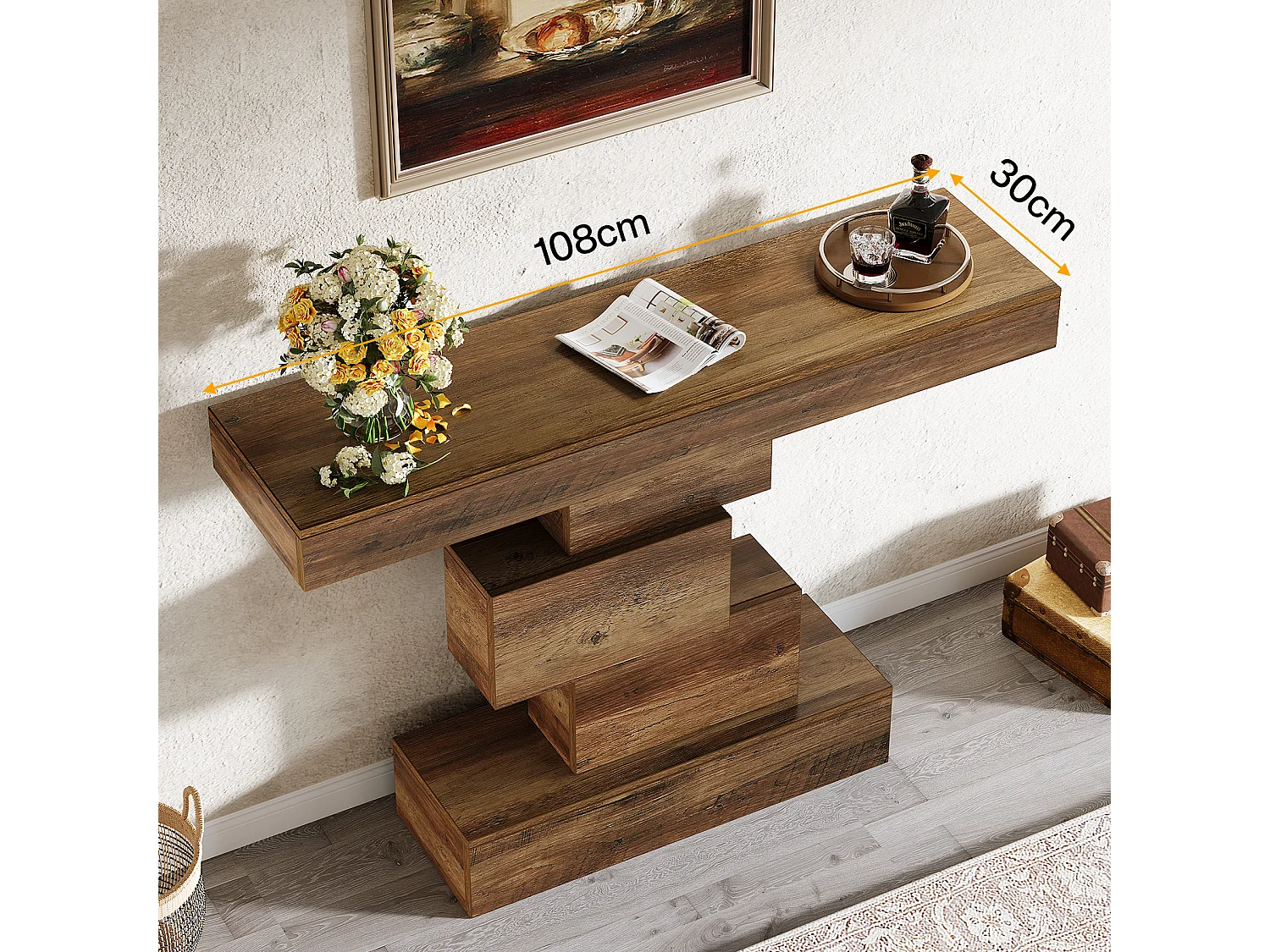Table console de ferme de 108 cm, table de canapé étroite en bois derrière le canapé avec base géométrique