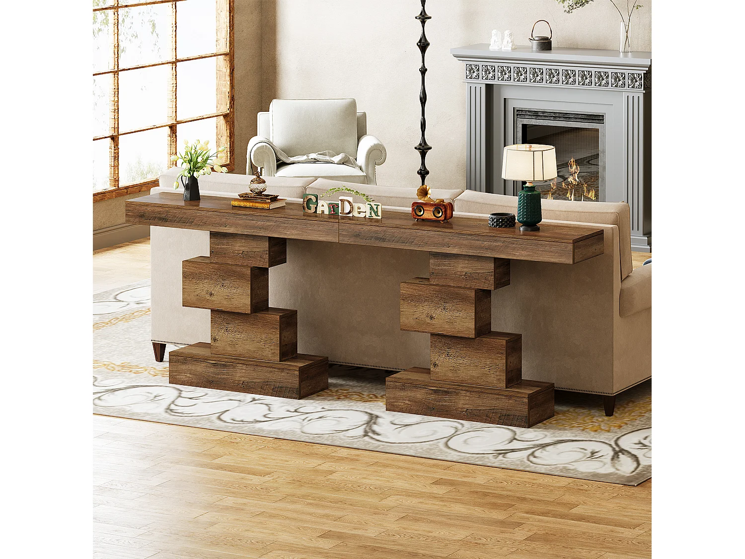 Table console de ferme de 108 cm, table de canapé étroite en bois derrière le canapé avec base géométrique