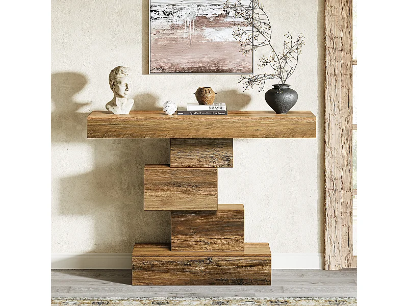 108 cm konsola w stylu rustykalnym, wąski drewniany stolik za sofą z geometryczną podstawą
