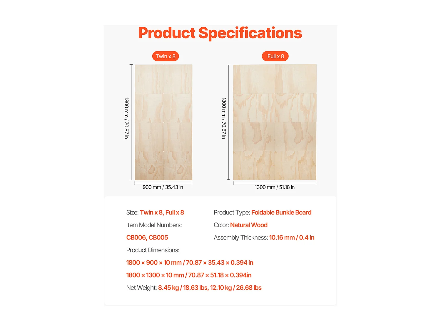 Somier de listones SucceBuy Plegable Tamaño Completo, Colchón Superior de Madera para el Soporte bajo los Colchones, Listo para Usar, 8 Piezas, de Madera Natural