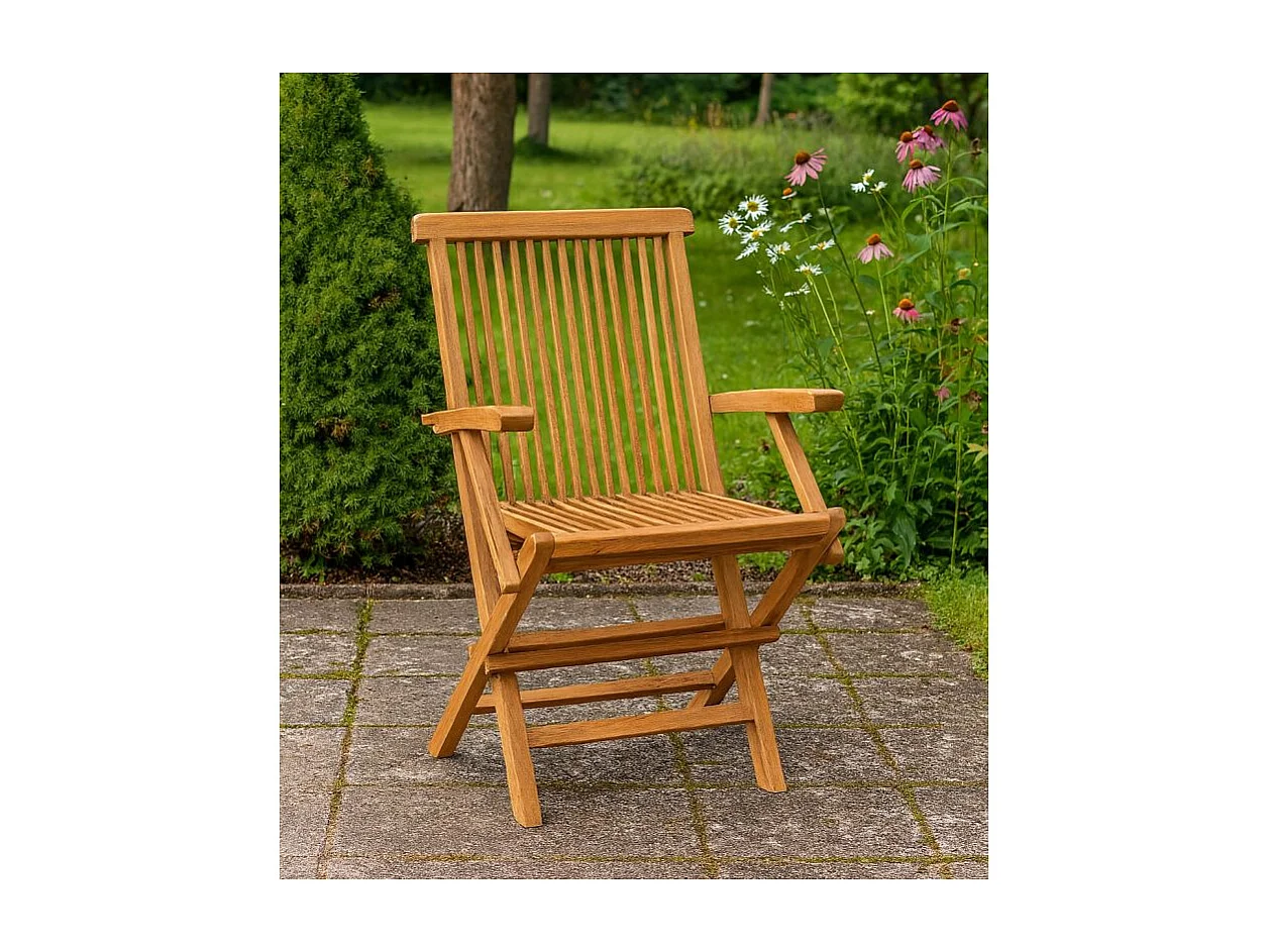 Lot 2 fauteuils de jardin pliants bois de teck massif huilé - ANCOLIE