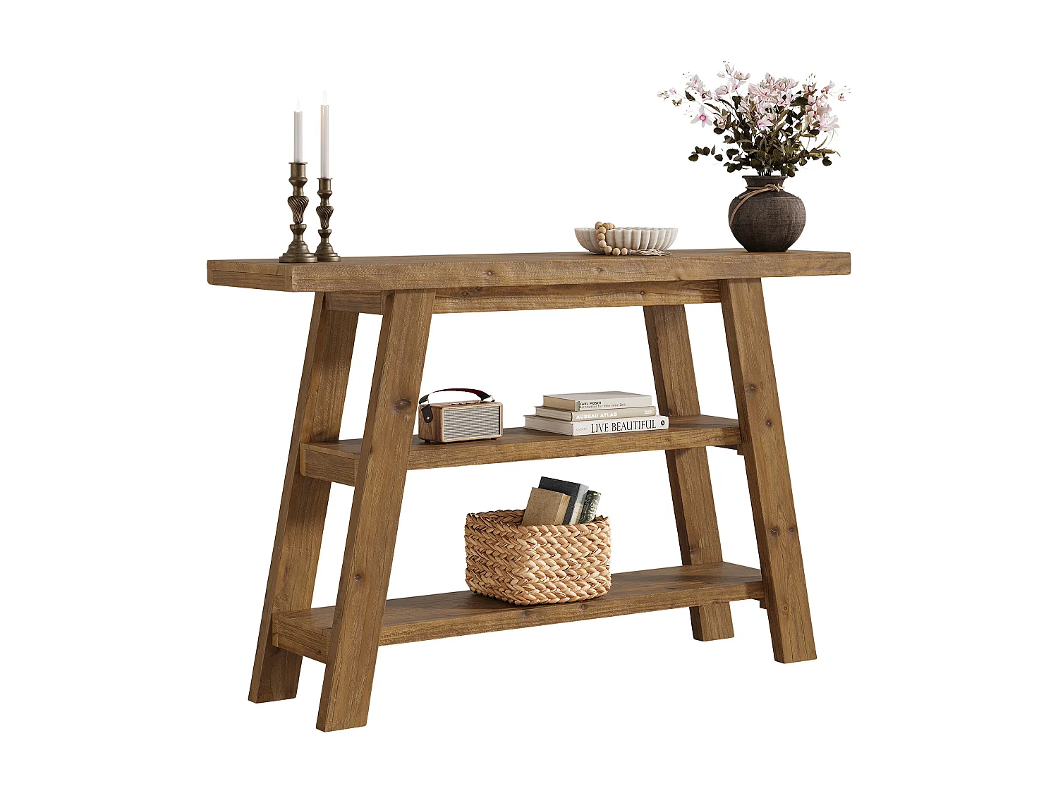 Table console en bois massif de 120 cm de long avec étagères à 3 niveaux, tables basses rectangulaires derrière le canapé