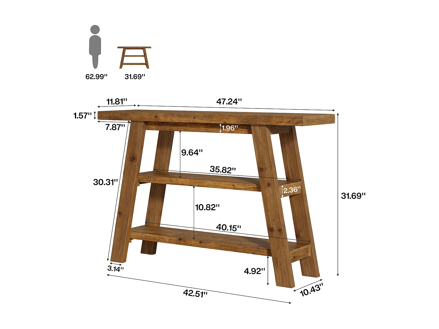 Table console en bois massif de 120 cm de long avec étagères à 3 niveaux, tables basses rectangulaires derrière le canapé