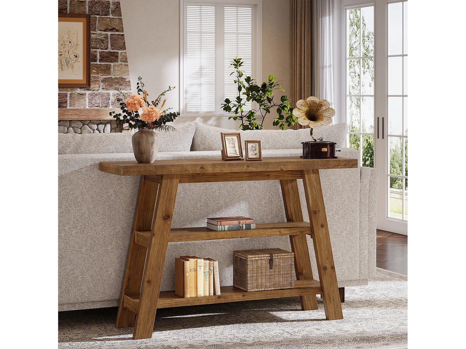 Table console en bois massif de 120 cm de long avec étagères à 3 niveaux, tables basses rectangulaires derrière le canapé