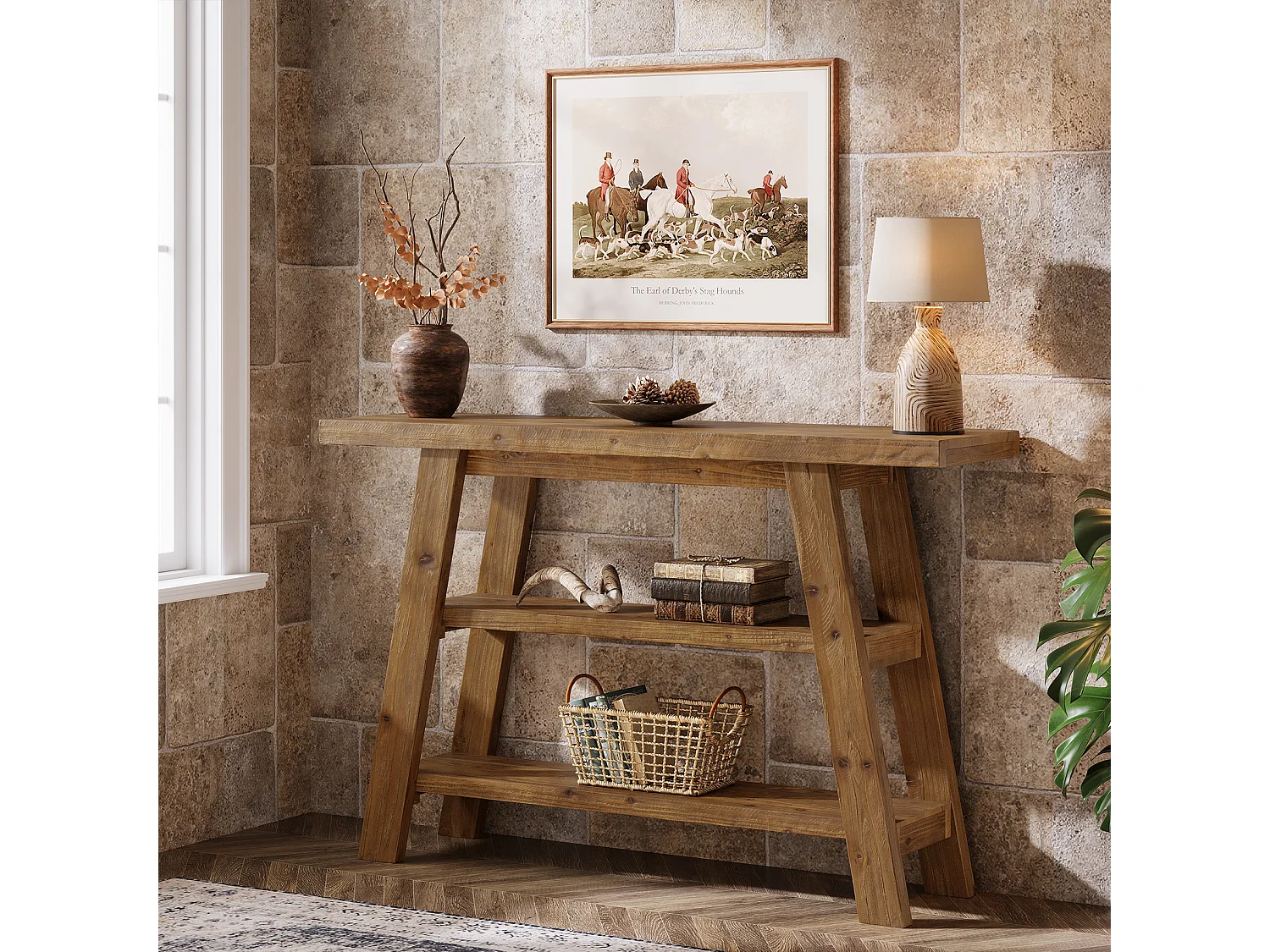 Table console en bois massif de 120 cm de long avec étagères à 3 niveaux, tables basses rectangulaires derrière le canapé