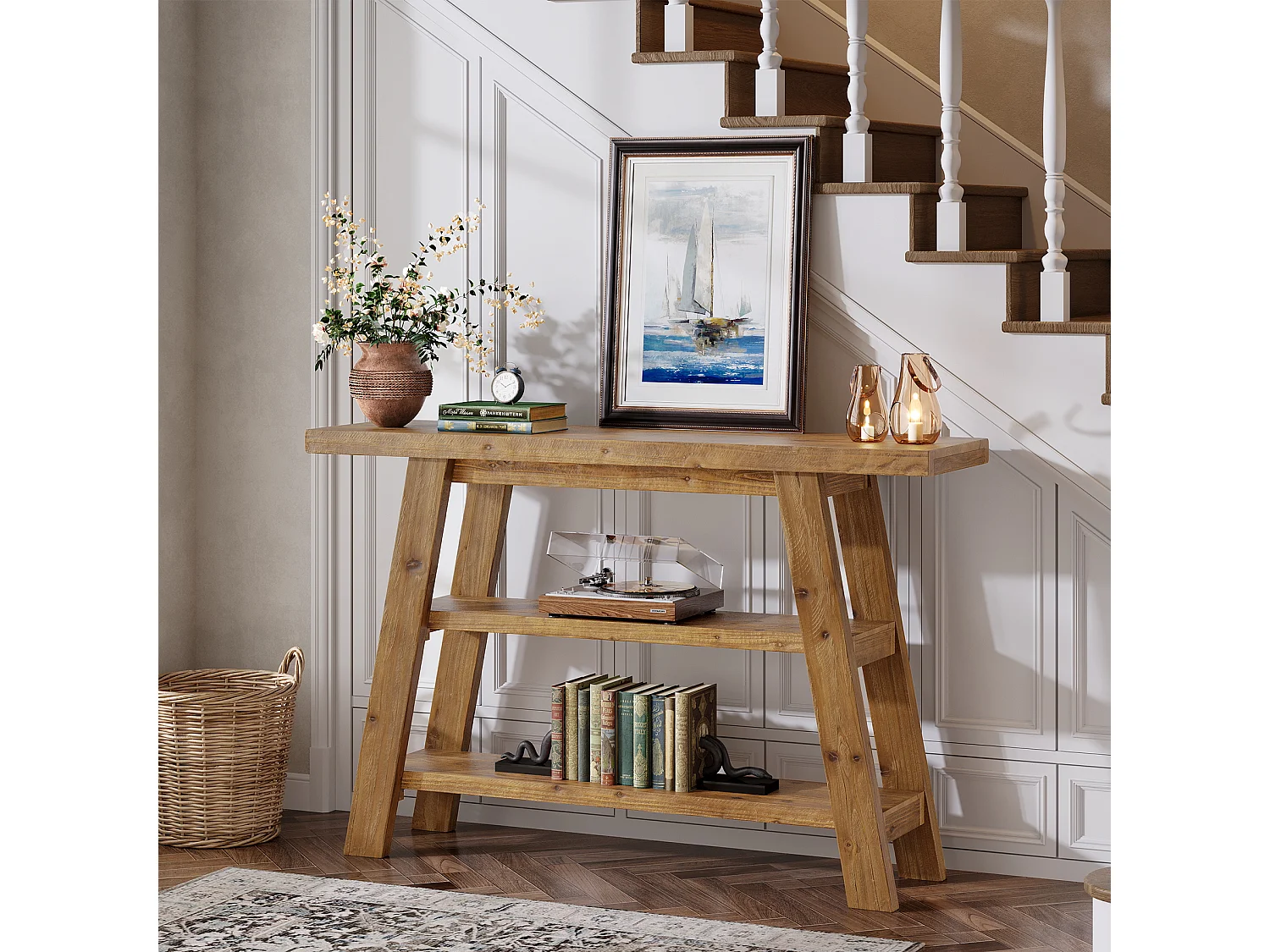 Table console en bois massif de 120 cm de long avec étagères à 3 niveaux, tables basses rectangulaires derrière le canapé