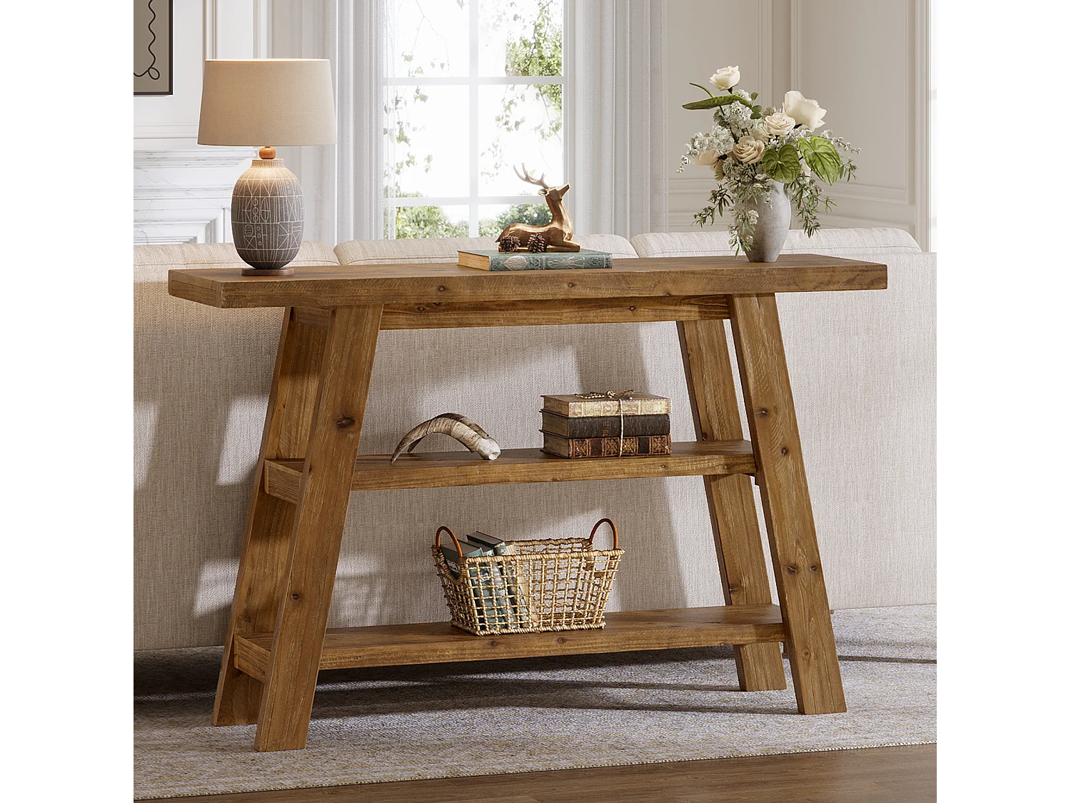 Table console en bois massif de 120 cm de long avec étagères à 3 niveaux, tables basses rectangulaires derrière le canapé