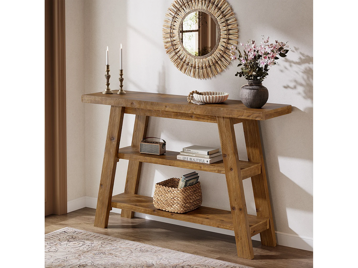 Table console en bois massif de 120 cm de long avec étagères à 3 niveaux, tables basses rectangulaires derrière le canapé