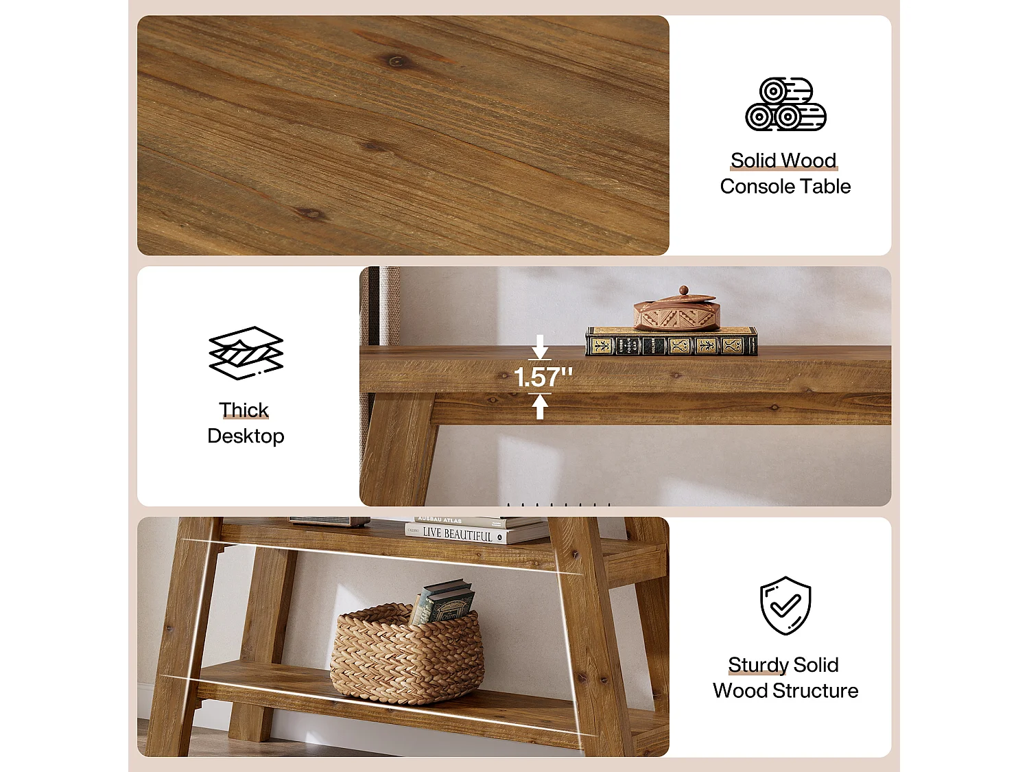 Table console en bois massif de 120 cm de long avec étagères à 3 niveaux, tables basses rectangulaires derrière le canapé