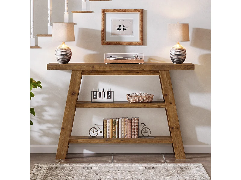 120 cm lange consoletafel van massief hout met 3-laags planken, rechthoekige salontafels achter de bank