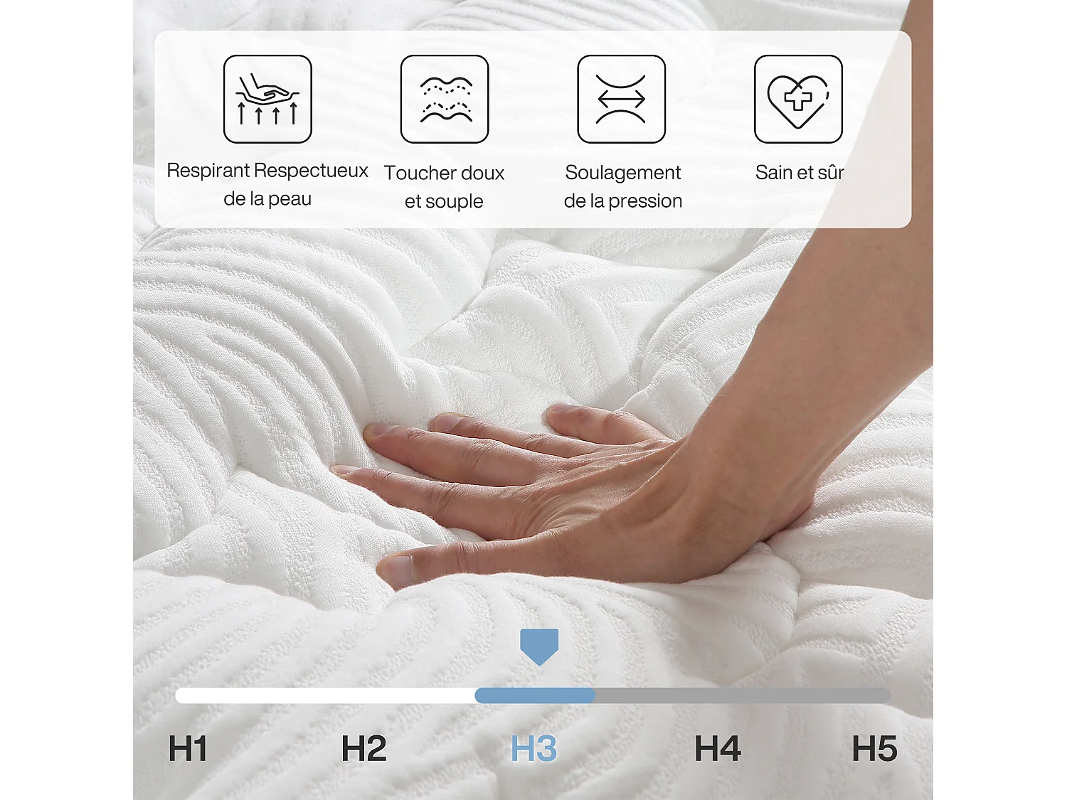 Matelas 140 x 200 cm, hauteur 25 cm, matelas orthopédique à ressorts ensachés, dureté moyenne H3, matelas à ressorts avec mousse à mémoire de