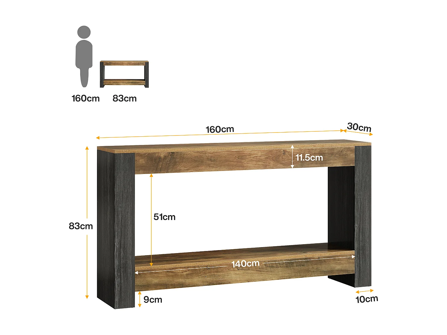 Tavolo consolle lungo 160 cm per ingresso, tavolo rustico in legno per soggiorno